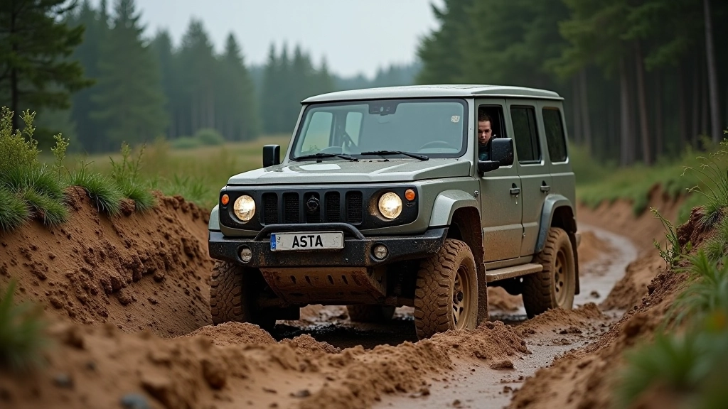 Maastikuauto upus mudas ja liiva, tehisrada, juht aknas nähtav, loodus ümber